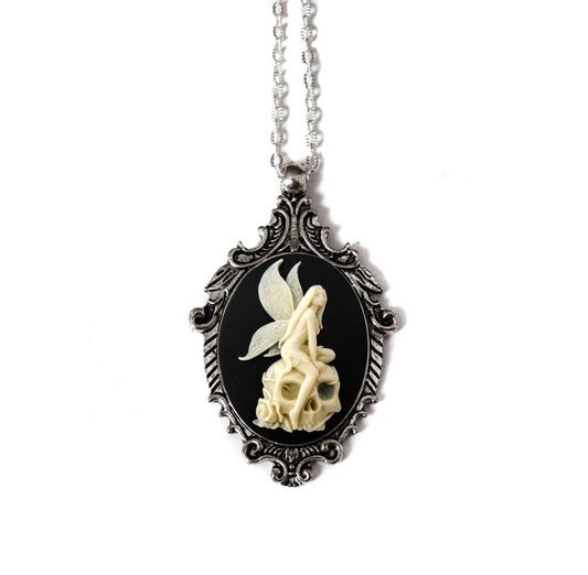 Victorian Angel Skull Cameo Necklace in Cream and Black Antique Silver Pendant - Gothic Jewelry