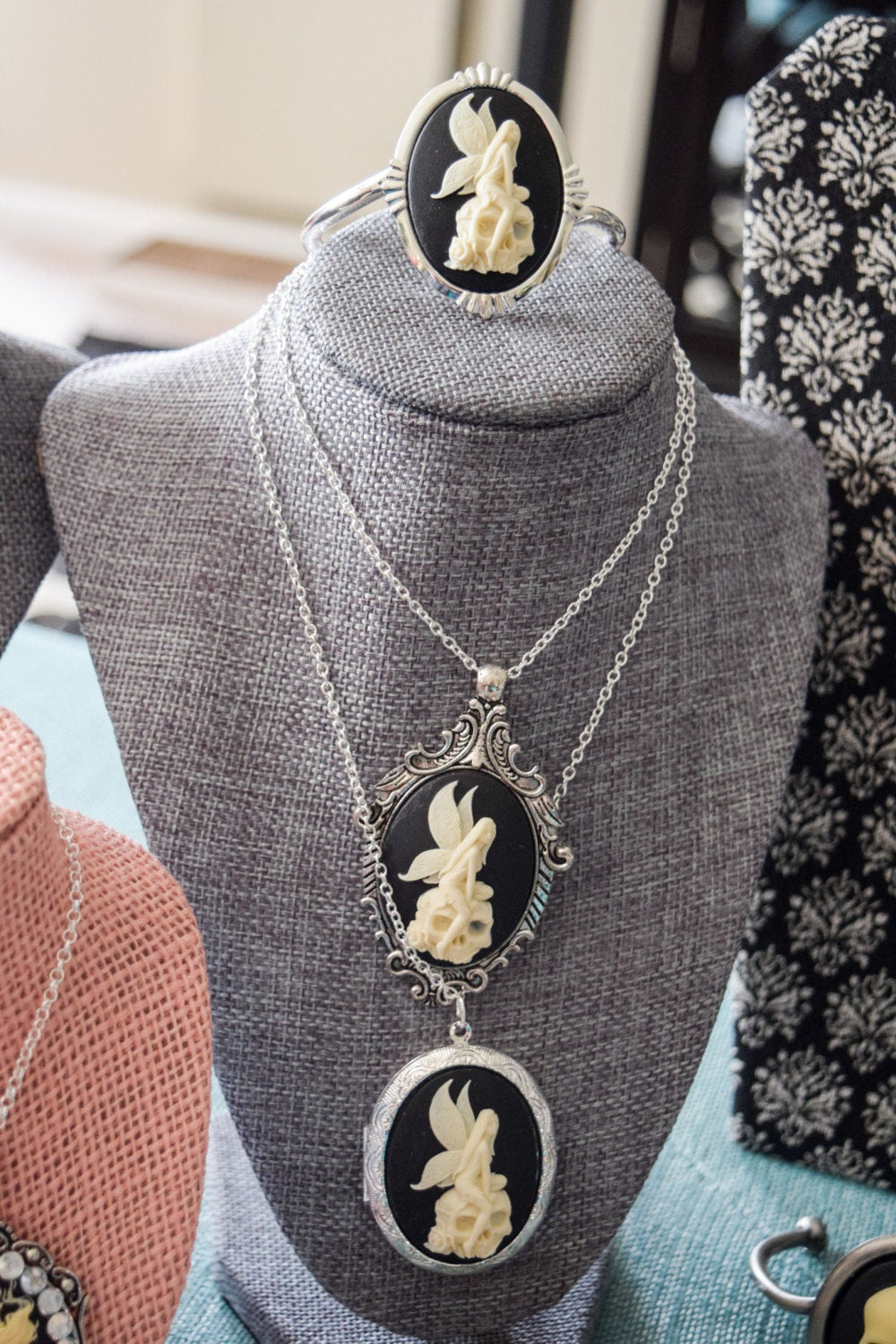 Vintage Cream and Black Angel Skull Locket Necklace with Ornate Silver Pendant