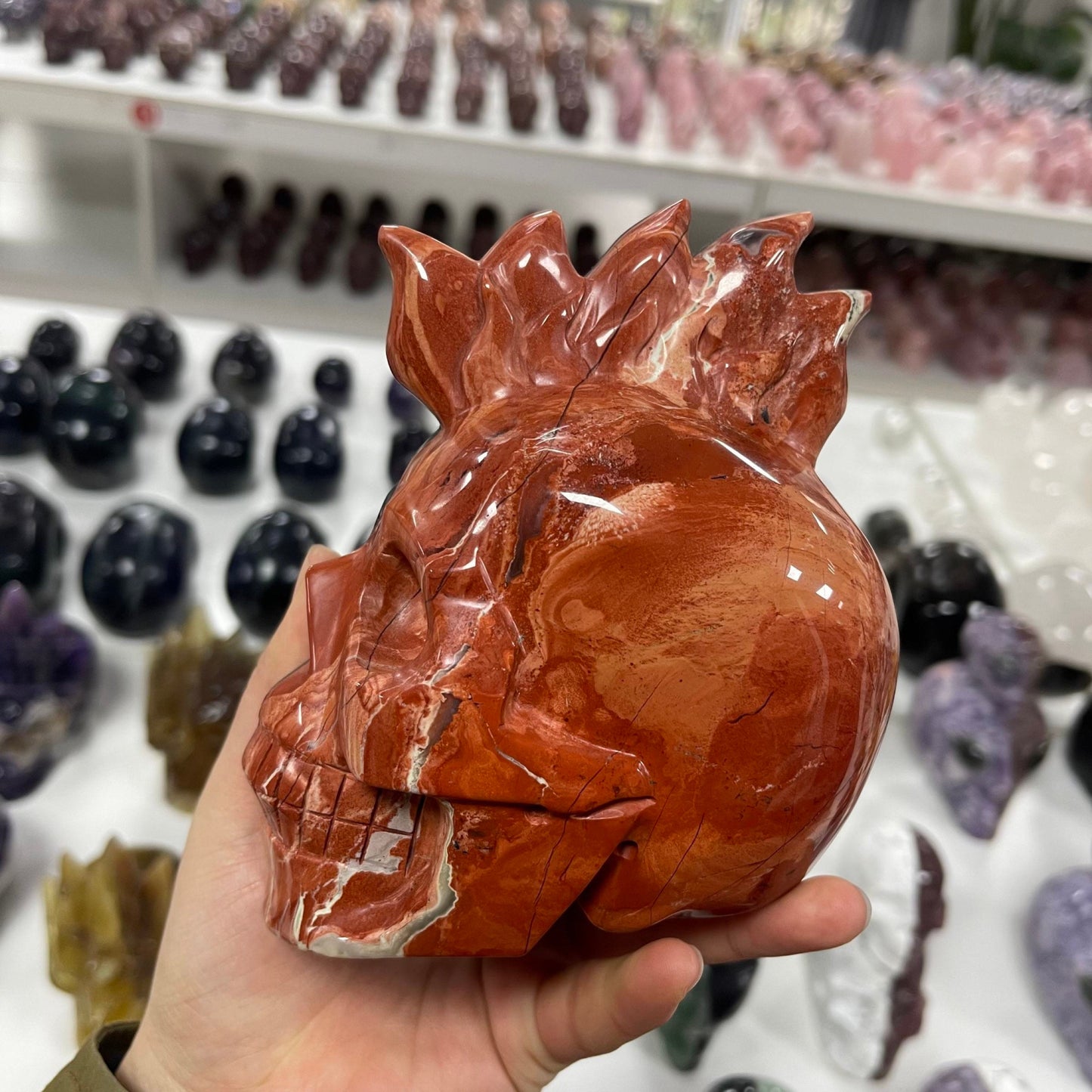 Large Obsidian Red Jasper Skull - Hand Carved Two Tone Flame Design for Meditation  Witchy Decor