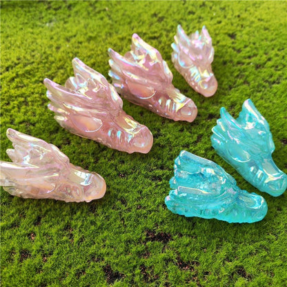 Pink Angel Aura Rose Quartz Dragon Skull Carving - Healing Crystal Decor