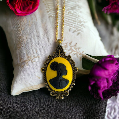 Black Lady Cameo Pendant Necklace - Antique Brass Setting