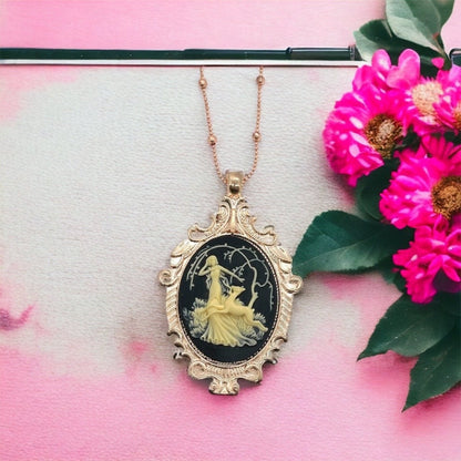 Black  Beige Fawn Cameo Necklace w Rose Gold Pendant - Artemis Huntress Design