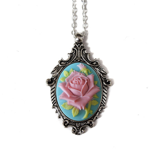 Pink Rose Cameo Necklace, Blue Shabby Chic Pendant, Mom Birthday Wedding Anniversary Gift