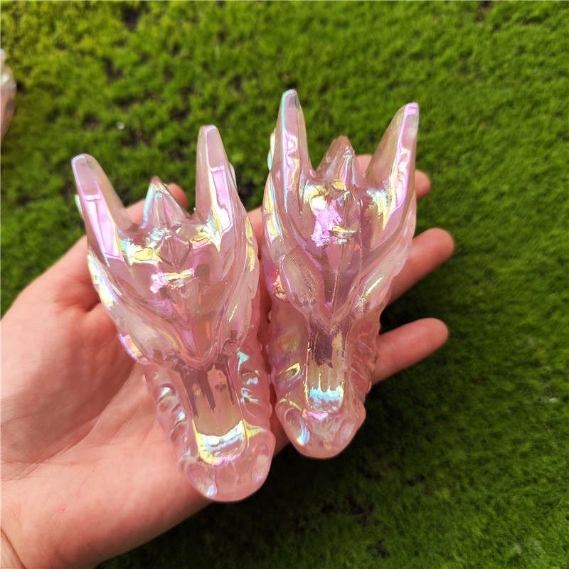Pink Angel Aura Rose Quartz Dragon Skull Carving - Healing Crystal Decor