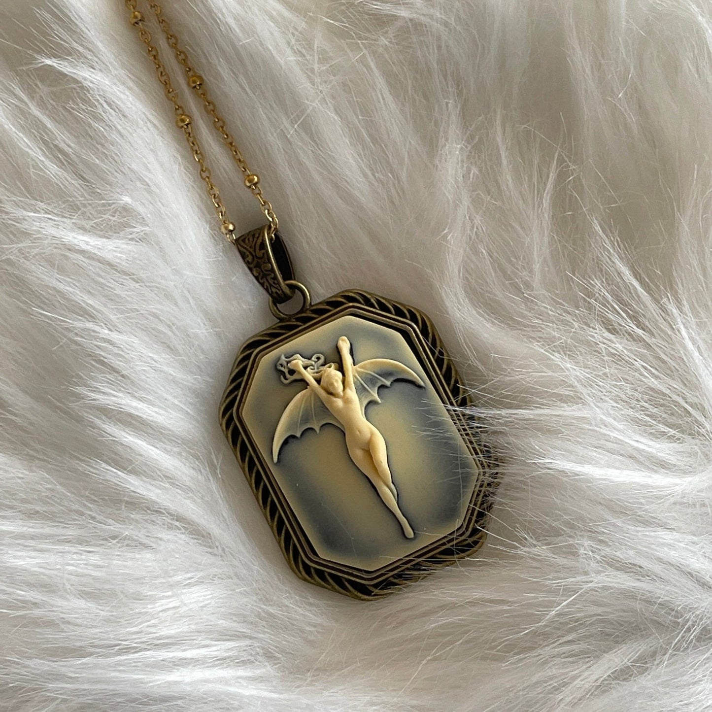 Vintage Octagon Vampire Bat Lady Pendant
