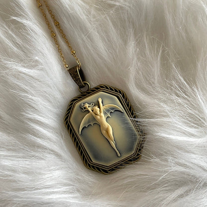 Vintage Octagon Vampire Bat Lady Pendant