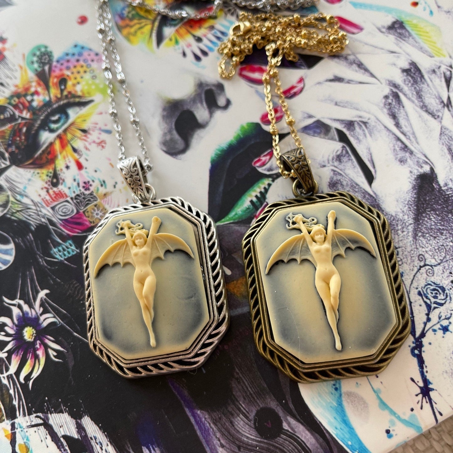 Vintage Octagon Vampire Bat Lady Pendant