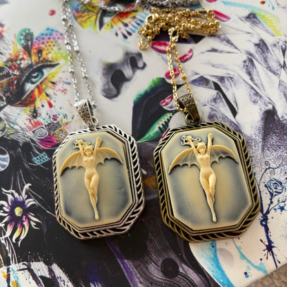 Vintage Octagon Vampire Bat Lady Pendant