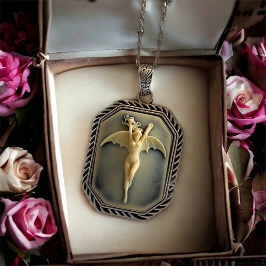 Vintage Octagon Vampire Bat Lady Pendant - Rare Setting - Antique Silver or Bronze - Choose Your Chain LengthVintage Hexagon Vampire Bat Lady Pendant