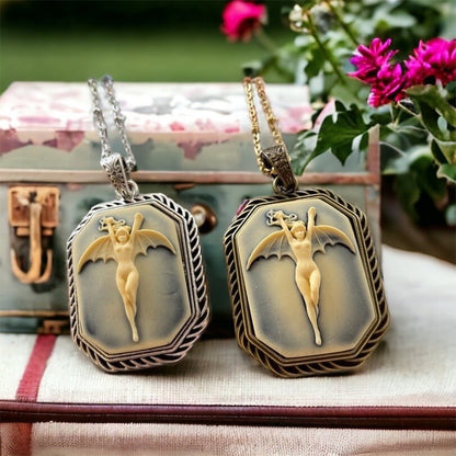 Vintage Octagon Vampire Bat Lady Pendant