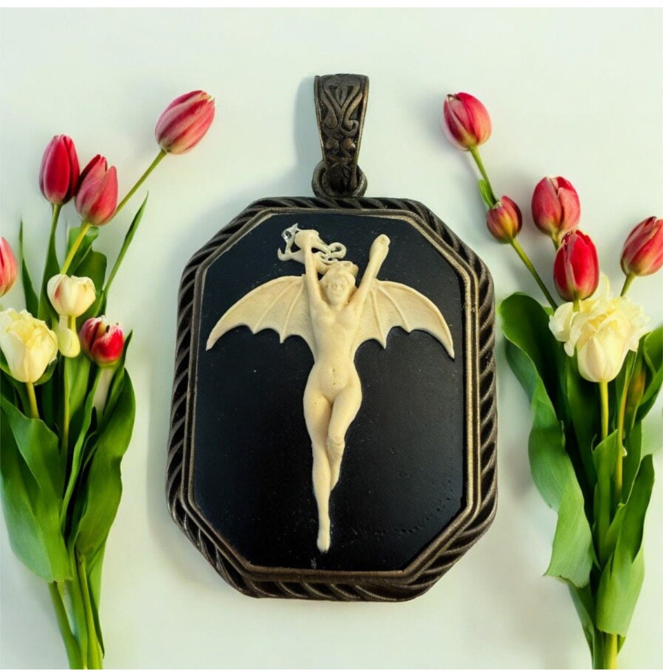 Vintage Octagon Vampire Bat Lady Pendant