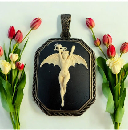 Vintage Octagon Vampire Bat Lady Pendant