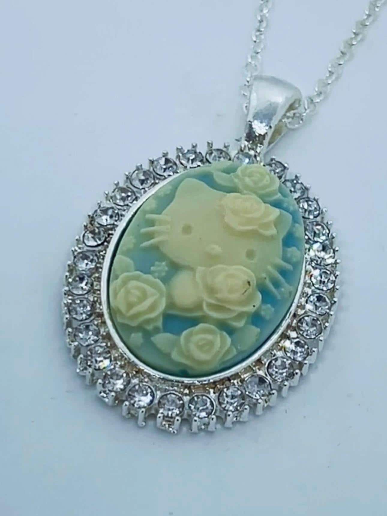 Rhinestone Kitty Cameo Necklace
