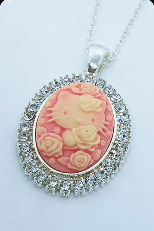 Rhinestone Kitty Cameo Necklace