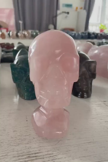 Realistic Rose Quartz Skull with Fitted Pedestal - Handmade Crystal Art