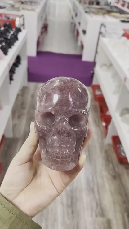 Strawberry Quartz Crystal Skull - Hand Carved Meditation Stone for Witchy Decor  Healing