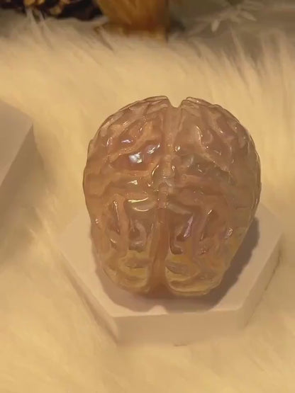 Aura Rose Quartz Crystal Human Brain Carving, Hand Carved Anatomy Meditation Stone, Healing Mind Crystals