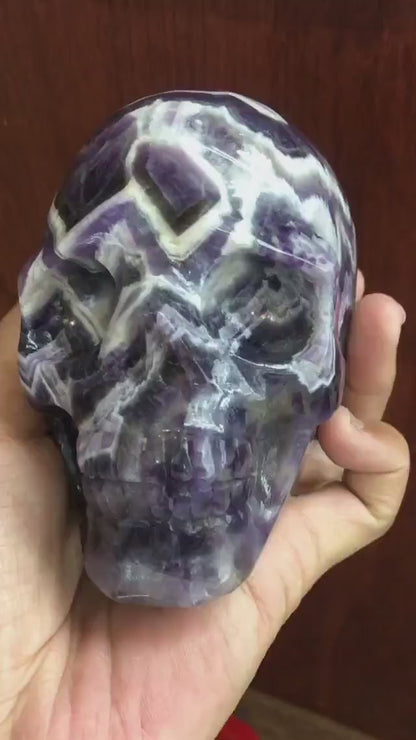 Hand Carved Chevron Amethyst Skull for Meditation Witchy Decor