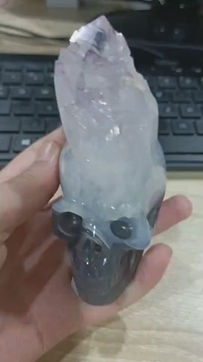 Natural Amethyst Geode Skull - Agate Quartz Carving for Meditation Witchy Decor