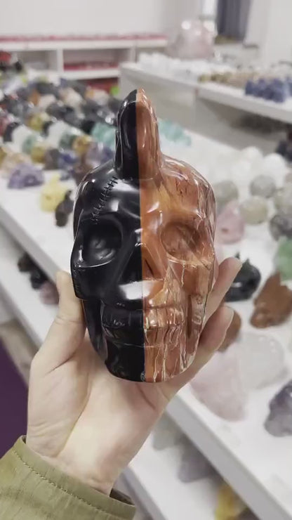 Large Obsidian Red Jasper Skull - Hand Carved Two Tone Flame Design for Meditation  Witchy Decor
