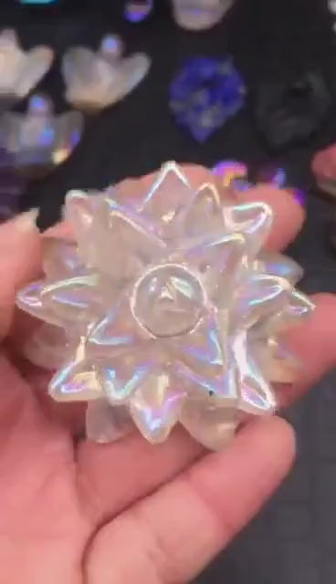 Aura Crystal Succulent Plant Carving, Rainbow Rose Quartz Green Aventurine Flower, Crystals for Meditation, Witchy Decor