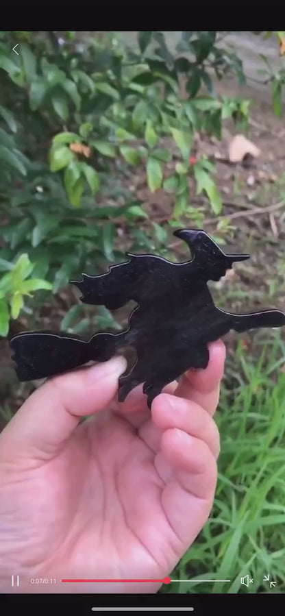 Black Obsidian Witch Crystal Carving, Halloween Goddess Riding Broom Figurine Statue