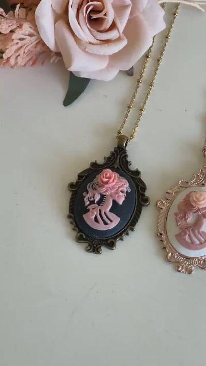 Red Skeleton Lady Pendant Necklace, Gothic Cameo Set in Victorian Bronze or Silver Setting